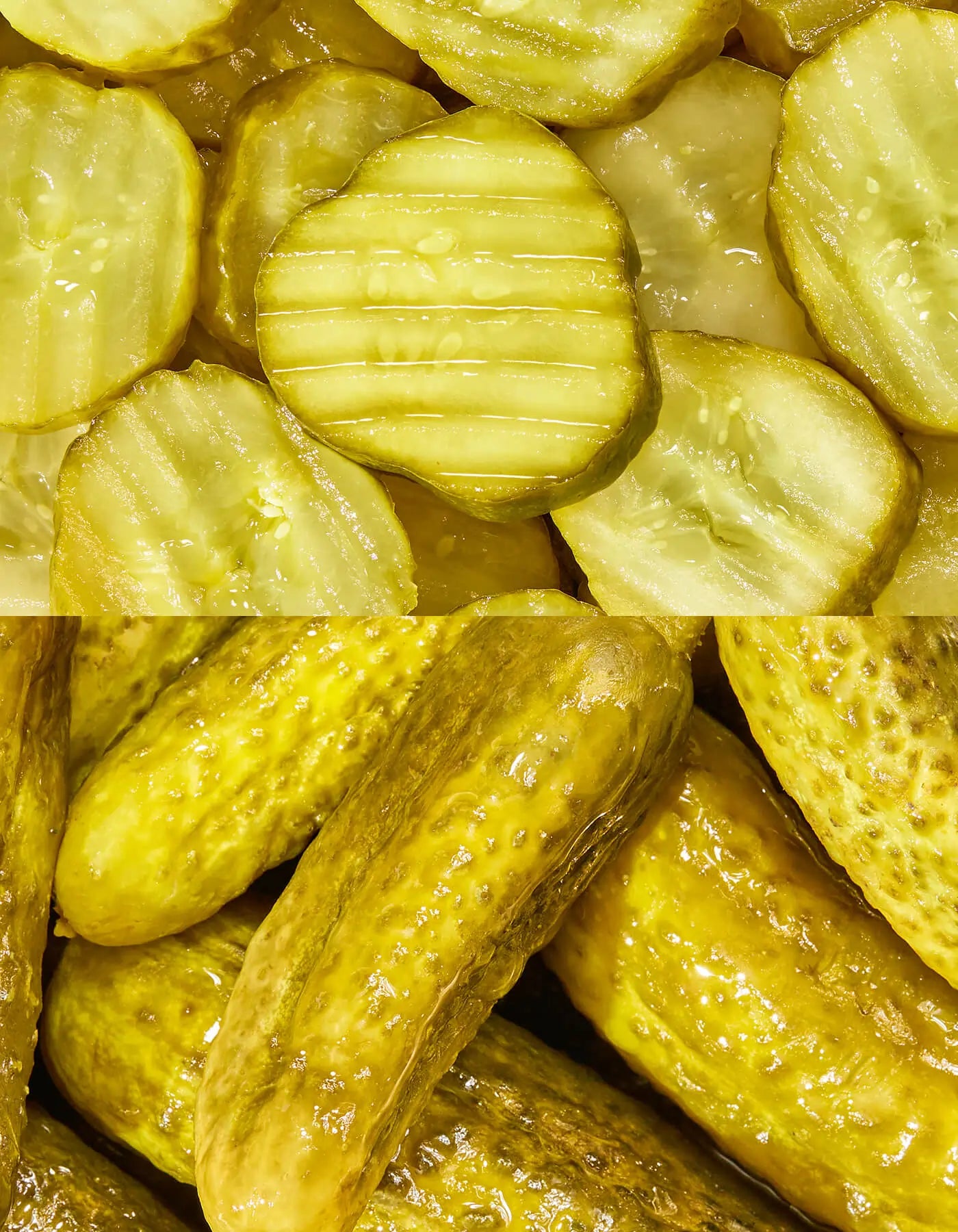 Close-up of pickles with a focus on texture and color.