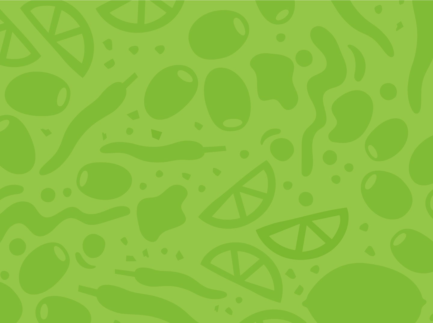 Green pattern with olive, lemon, and pepper icons on a green background