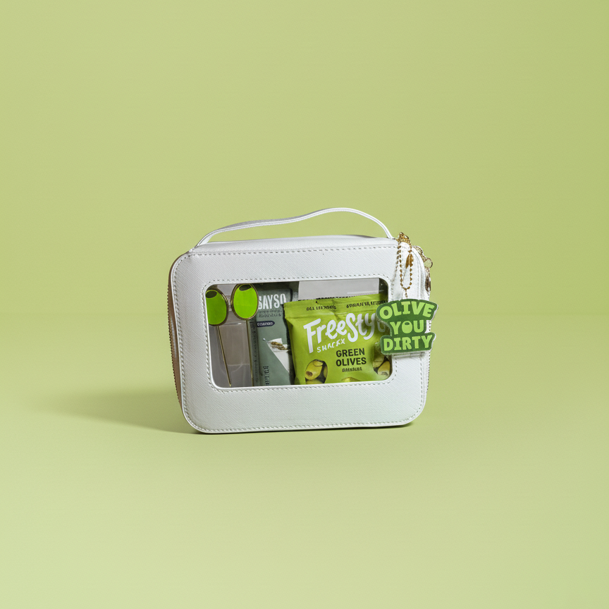 White cosmetic bag with Freestyle snack olive products on a light green background