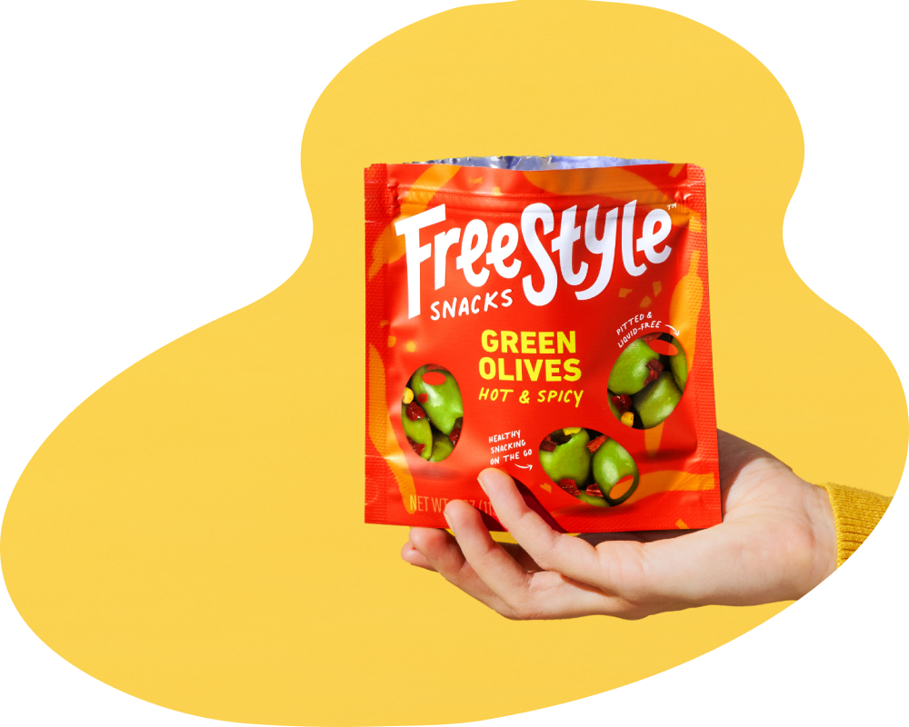Freestyle Snacks Hot & Spicy Green Olives in easy to open liquid-free snack pack