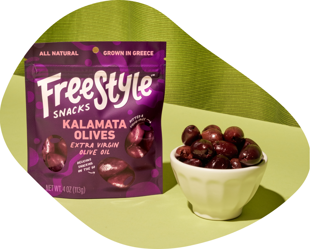 Freestyle Snacks Kalamata Olives Original Flavor Extra Virgin Olive Oil. Jumbo Sized and Juicy Olives.