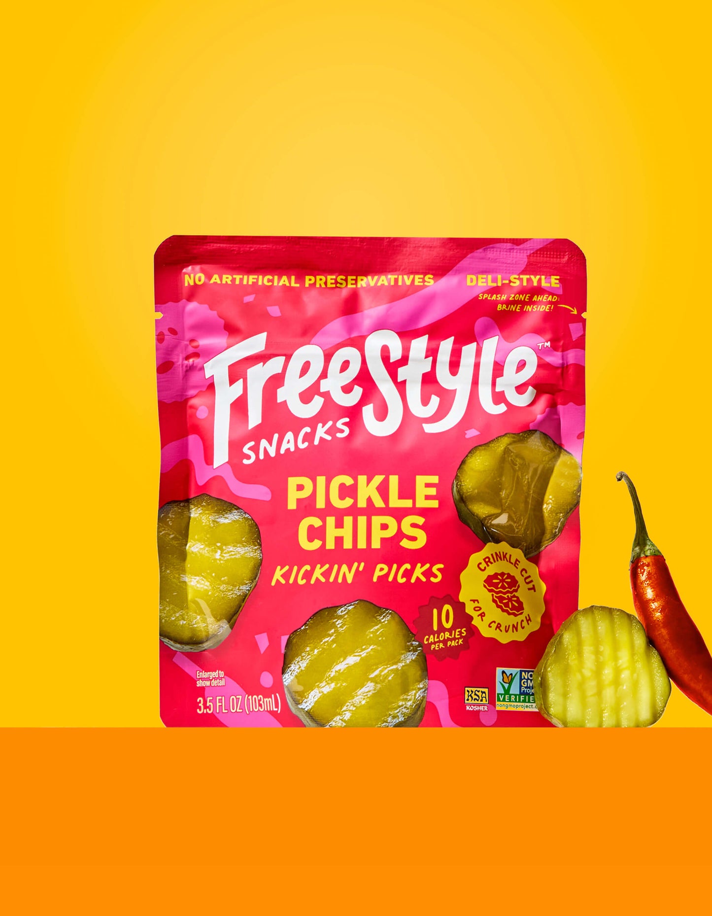 Packaging of Freestyle Snacks Pickle Chips Kickin' Picks on a yellow background