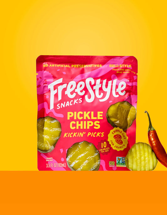 Packaging of Freestyle Snacks Pickle Chips Kickin' Picks on a yellow background