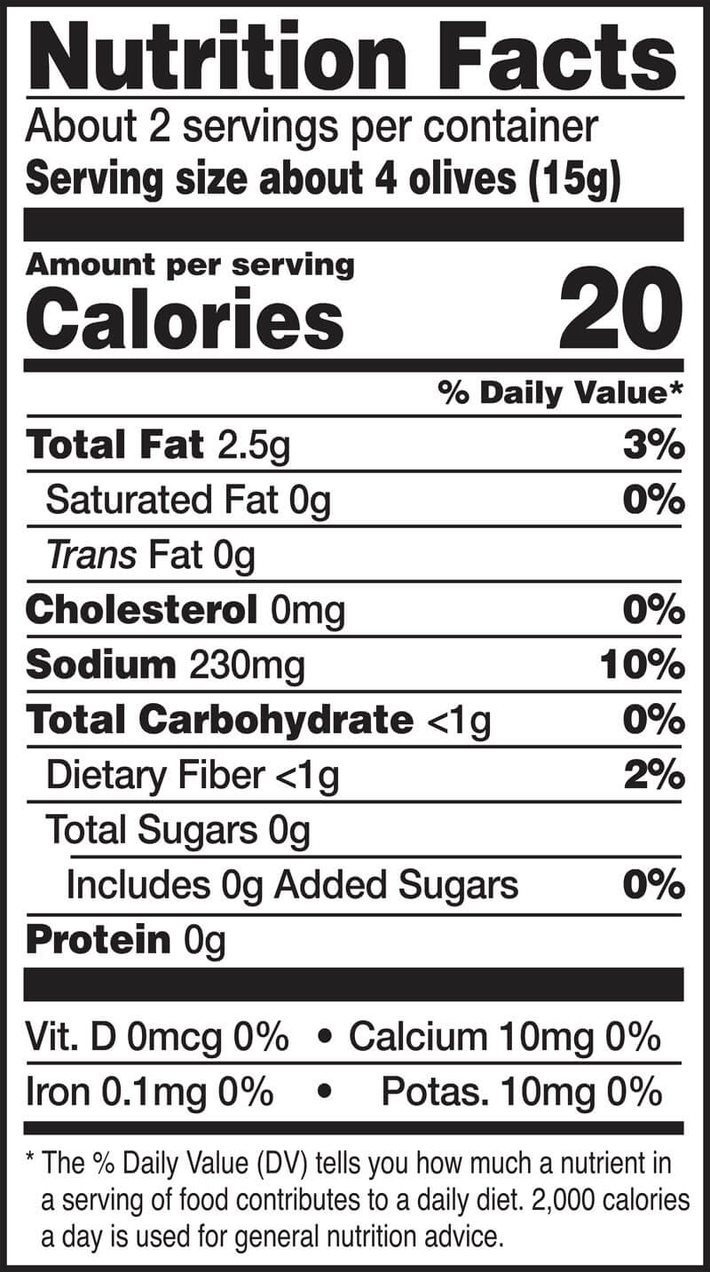 Nutrition Facts label for Lemon Garlic olives, 2 servings per container, serving size about 4 olives (15g). Each serving has 20 calories, 2.5g total fat, 0g saturated fat, 230mg sodium, less than 1g carbohydrates, 0g sugars, and 0g protein.