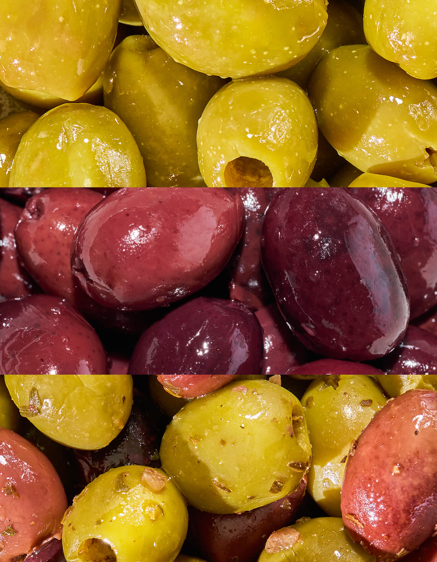 Macro shot of the different olive varieties, highlighting color and texture