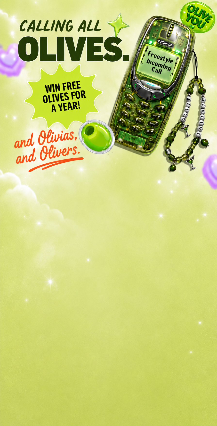 Promotional graphic with a phone, necklace, and olives on a green background