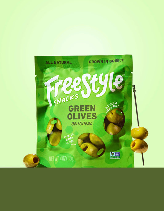 Freestyle Snacks Green Olives Original packaging on a green background
