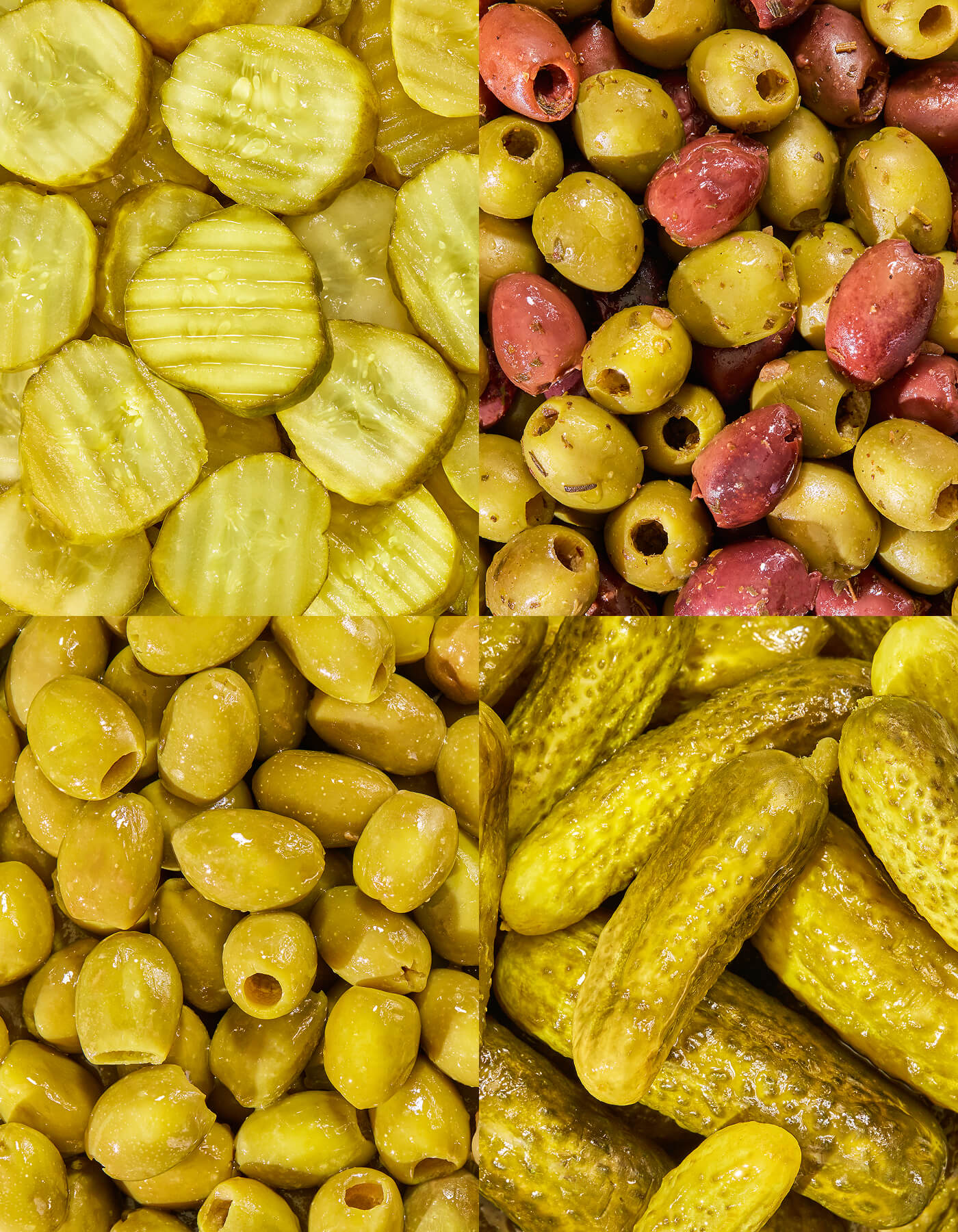 Macroshots of pickles and olives highlighting texture, color, and seasoning.