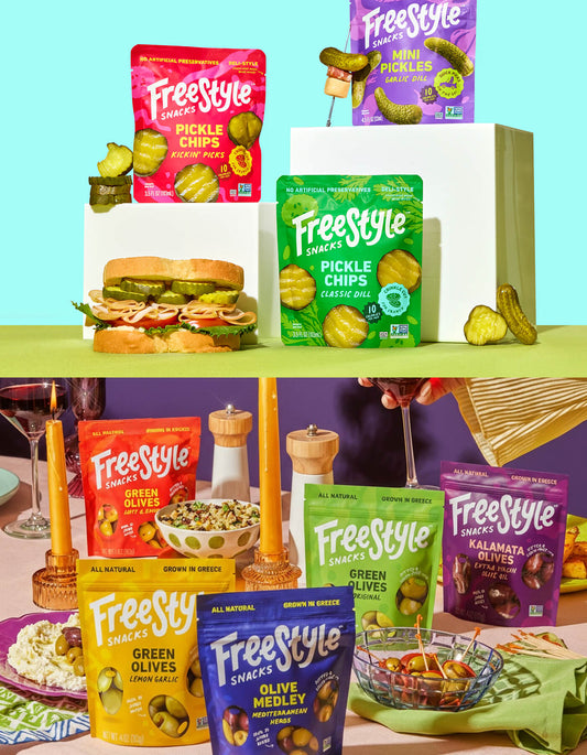Assorted Freestyle snack packages on a colorful background